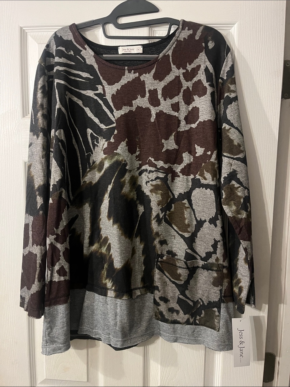 Jess & Jane Gray Mixed Animal-Print Long Sleeve Pullover